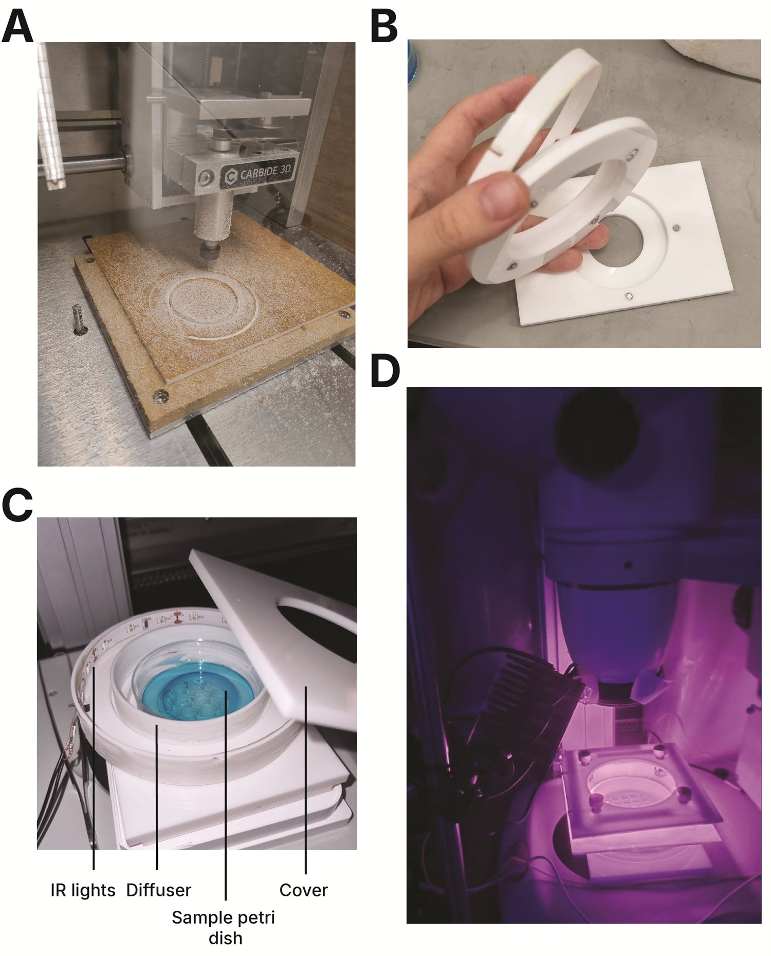 Base chamber design: CNC milling, magnet-held modular components, assembly, and the assembled chamber under infrared light in the dark