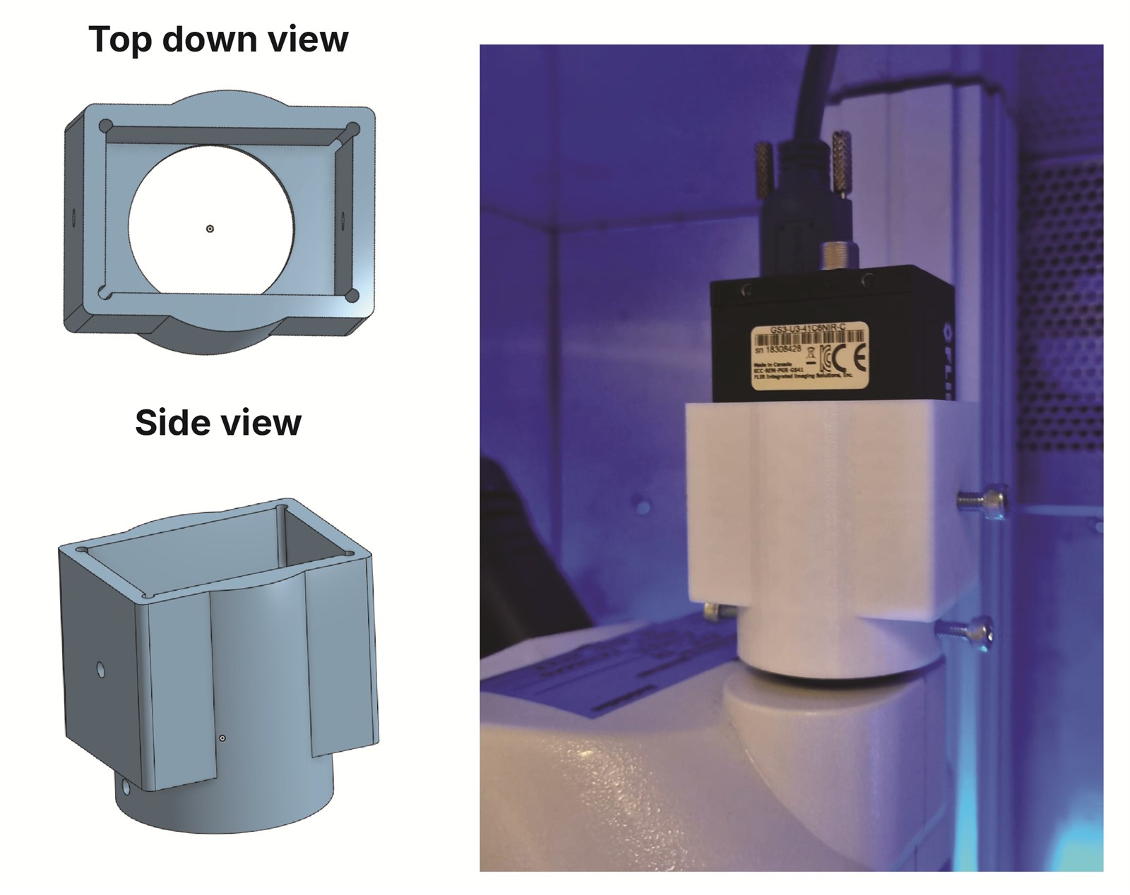 Custom C-mount camera adapter modeled in Onshape (left) and 3D-printed and fitted to the stereomicroscope (right)