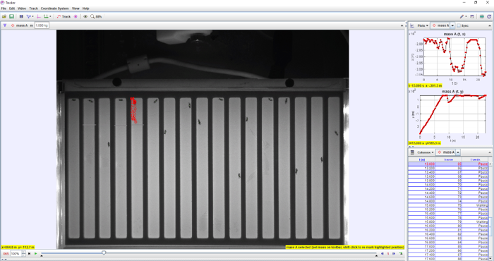 A cassette recording open in the Tracker software: the 17-lane chamber in greyscale near-infrared, one fly's position marked with a red trace, and a side panel of position-versus-time plots and a frame-by-frame table of behavioural states