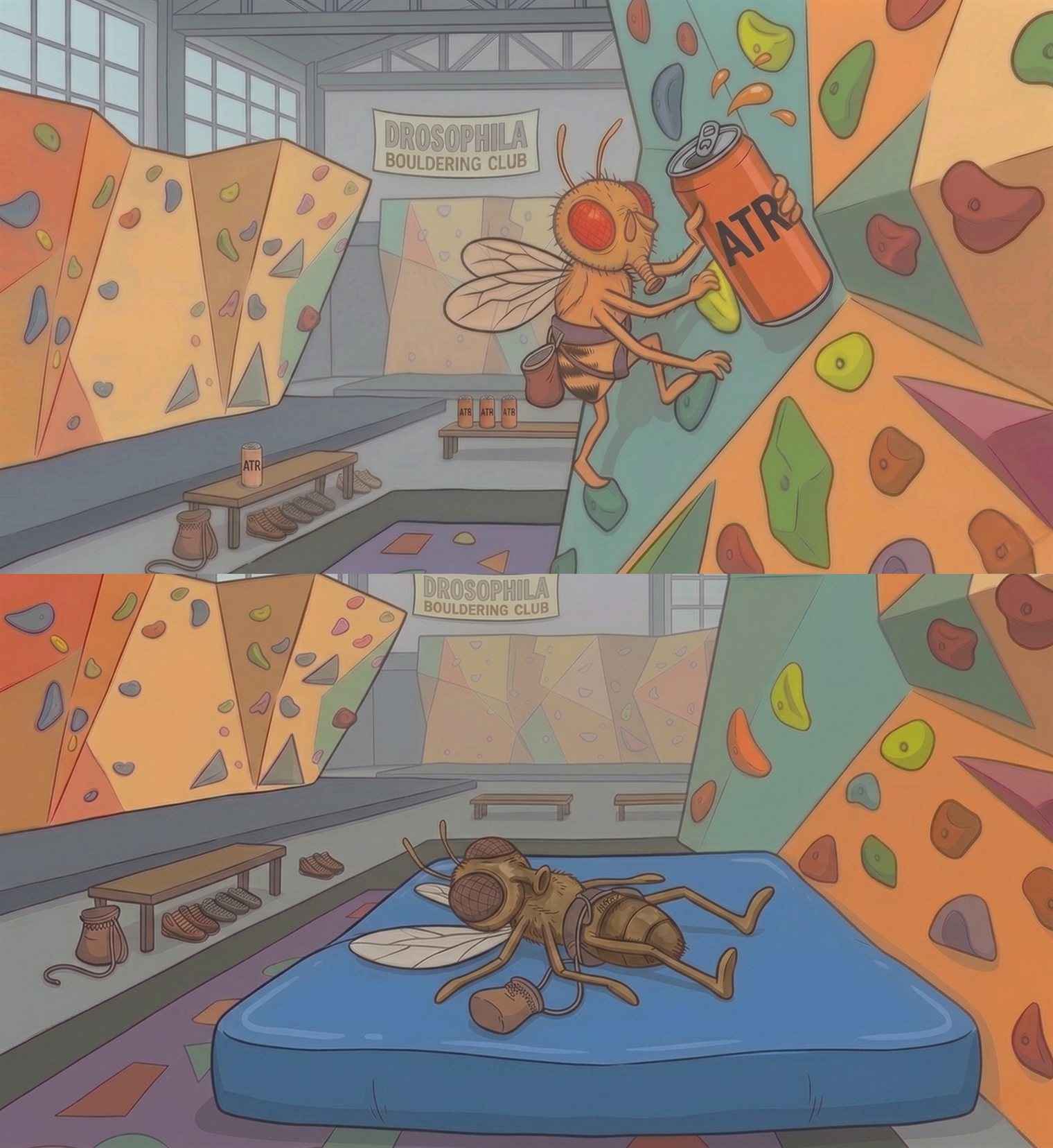 A two-panel cartoon set at the 'Drosophila Bouldering Club': in the top panel a bright, energetic fruit fly scales a colorful climbing wall while drinking from a red can labeled ATR; in the bottom panel a pale, exhausted fly with no ATR lies collapsed on the crash mat below.
